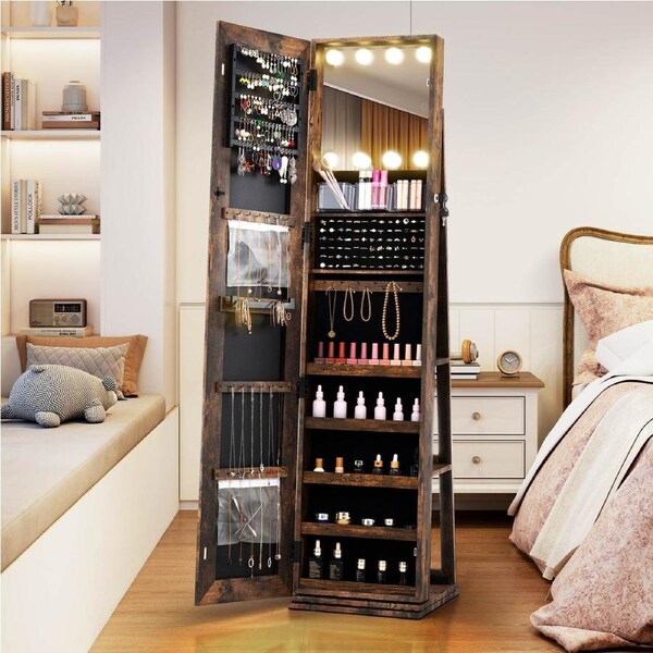 Costway 360° Swivel Jewelry Cabinet Freestanding Jewelry Storage Organiser w/Mirror LED Lights Brown