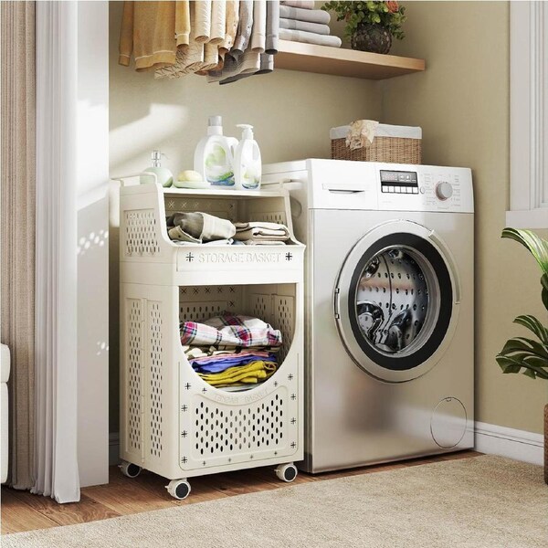 Costway 3-Tier 61L Laundry Cart Folding Hamper w/6 Hanging Hooks Lockable Wheels Utility Cart Side Table