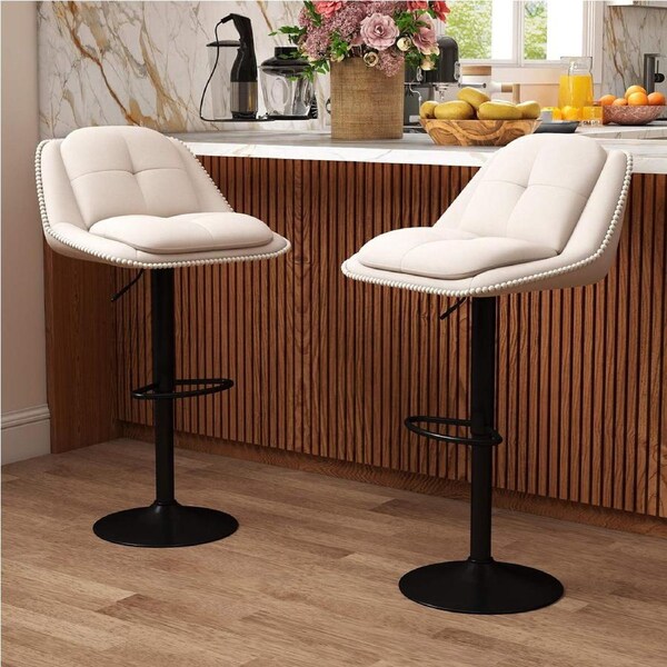 Costway Swivel Bar Stools Set 2x Adjustable Counter Bar Chairs Upholstered Barstools for Kitchen Islands Dining Room Pub Beige