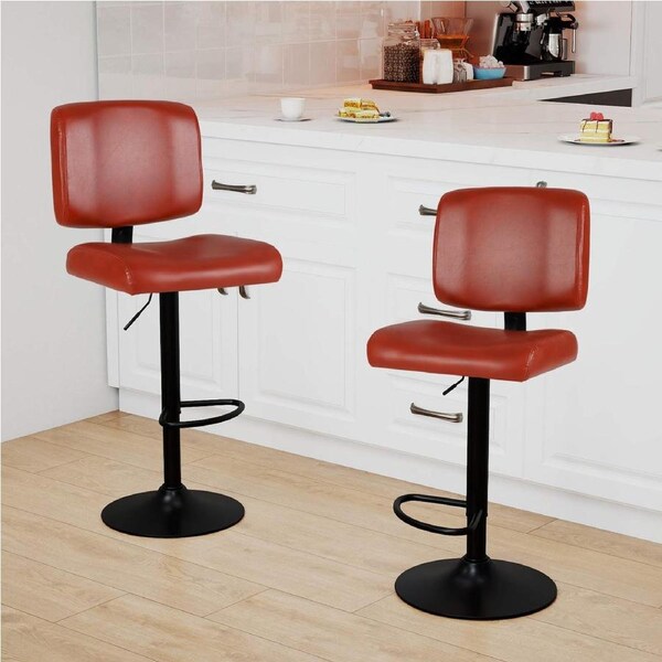 Costway 2x Swivel Bar Stools Adjustable Square Bar Chairs Kitchen Upholstered Counter Barstool Set Red Brown