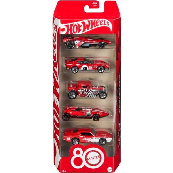 Hot Wheels - Mattel 80th Anniversary 5-Pack of 1:64 Scale Toy Cars With Collectible Deco