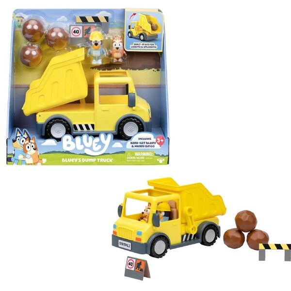 Bluey Dump Truck Toy Vehicle with Tilting Bed, Rocks, Hard-Hat Bluey Muddy 3+