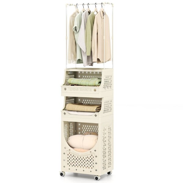 Giantex 4-Tier Folding Laundry Hamper Rolling Utility Cart w/Hanging Bar 2 Baskets 8 Hanging Hooks