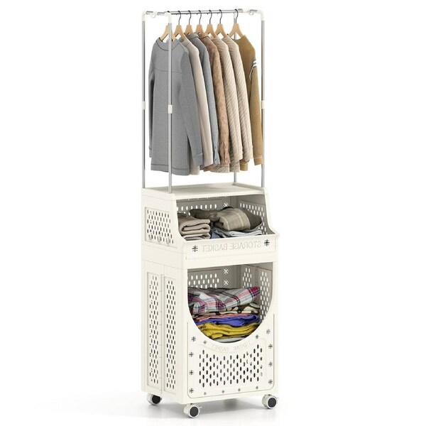 Giantex 2in1 Laundry Hamper 3-Tier Folding Utility Cart w/8 Hanging Hook Wheels Hanging Bar Basket