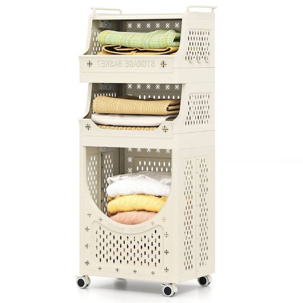 Giantex 4-Tier Laundry Cart Folding Hamper Utility Cart w/Wheels 2 Basket 6 Hanging Hook