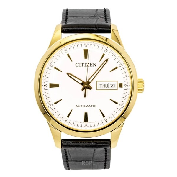Citizen Automatic NY4059-09A Mens Watch Leather Strap White Dial Day/Date Luminous Hands 50M