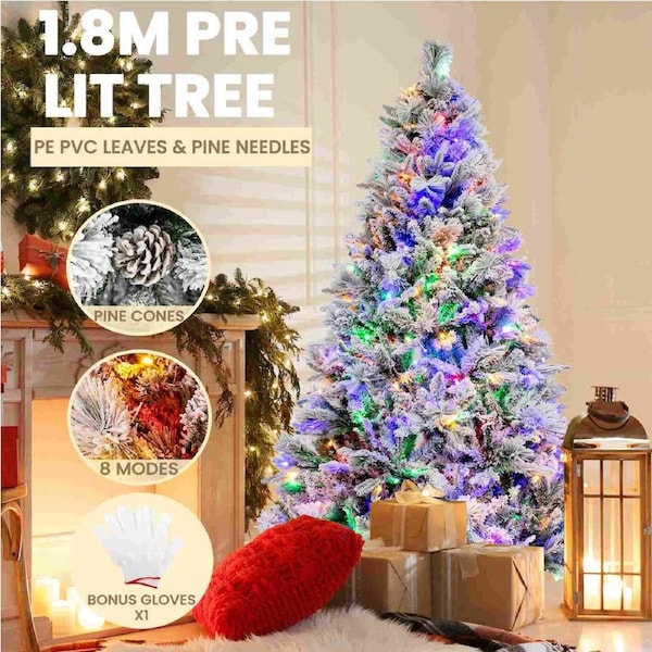 Costway Pre-Lit Flocked Christmas Tree 1.8M Snowy Hinged Xmas Decor 8 Lighting Modes