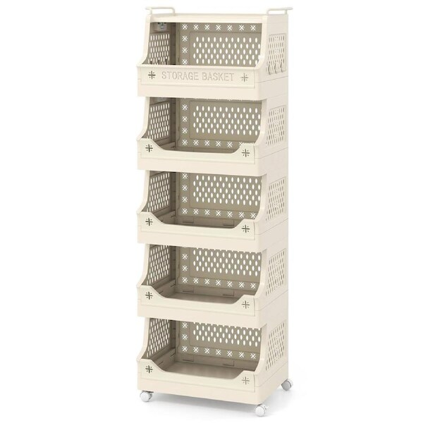Giantex 6-tier Rolling Laundry Basket Stackable Plastic Storage Cart w/Handles & Wheels Beige