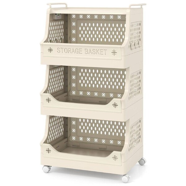 Giantex 4 Tier Rolling Storage Cart Stackable Plastic Laundry Basket Cart w/Hooks & Handles Living Room Bathroom