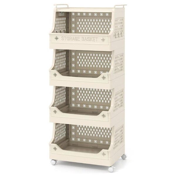 Giantex 5 Tier Rolling Storage Cart Stackable Plastic Laundry Basket Cart w/Hooks & Handles Living Room Bathroom