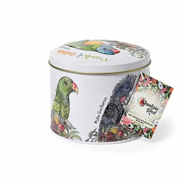 Banksia Red Parrots of Australia Tin w/Dark Chocolate Fruit & Nut Mix 200g