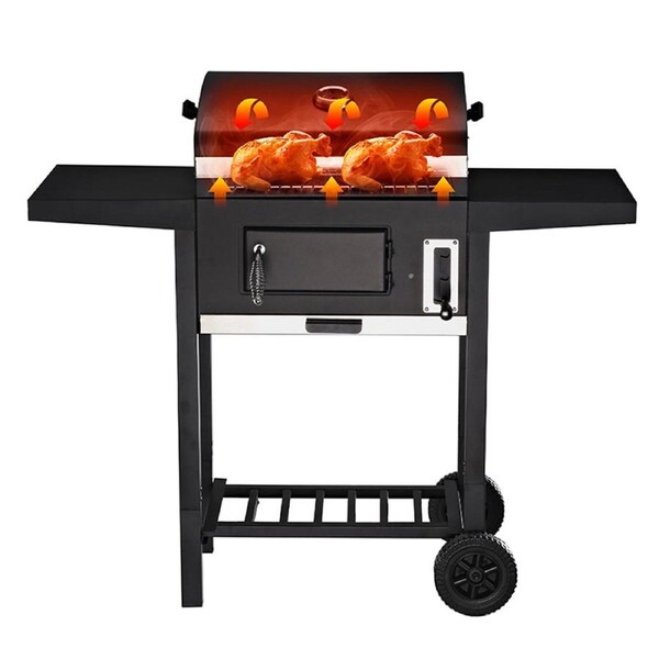 Portable Charcoal Grill BBQ with Wheels - Steel Outdoor Cooking Trolley, Outdoor Barbecue Set with Charcoa Pan Adjustment System, Compact Picnic/Patio/Backyard Grill