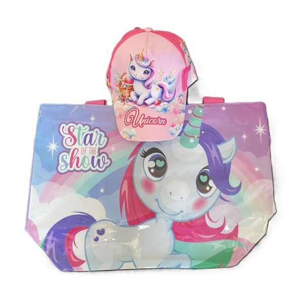 Unicorn Sparkle Kids Swimming Beach Bag 48cm Plus Unicorn Baseball Cap Bundle