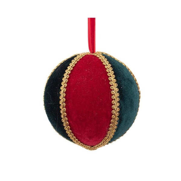 Harlequin Bauble 13cm Emerald Green and Red Velvet with Gold Trim