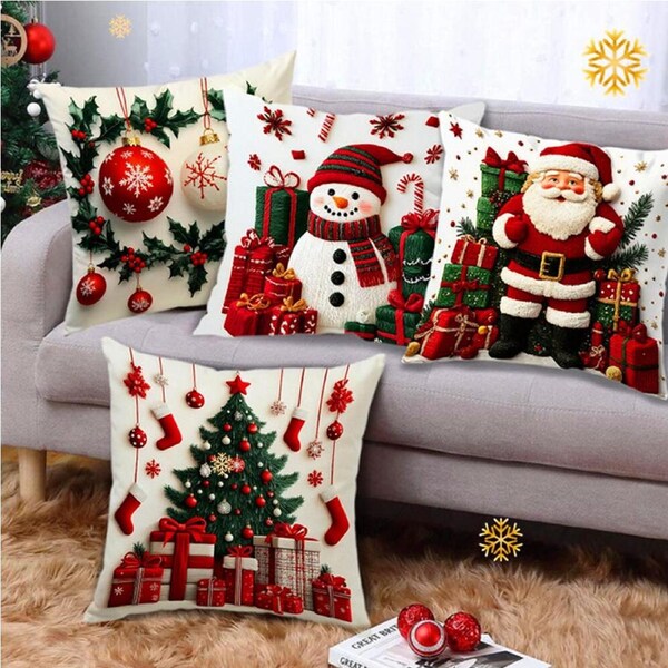 4 Pcs Christmas Cushion Cover Xmas Tree Santa Claus Pattern Xmas Pillow Covers
