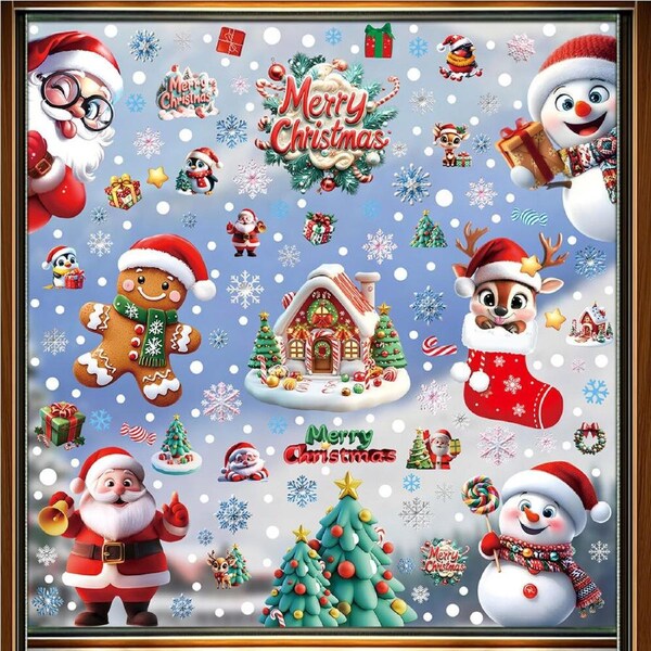 9 Sheet Christmas Window Cling Stickers Snowman Snowflake Santa Window Decals