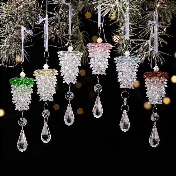 6Pcs Acrylic Pinecone Christmas Ornaments Set Crystal Xmas Tree Hanging Pendants