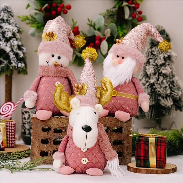 3 Pcs Christmas Decoration Sitting Pink Santa Claus Snowman Figure Doll Decor