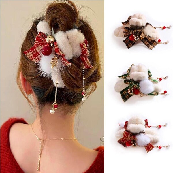 3 Pack Christmas Hair Claw Clip For Girl Checkered Bow Hair Clip With Furry Bell