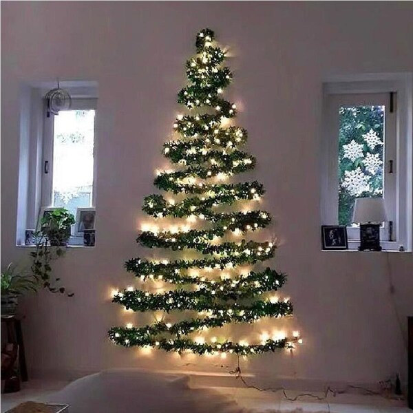 2 Pcak Artificial DIY Wall Mounted Xmas Tree With Led Light String Ornaments
