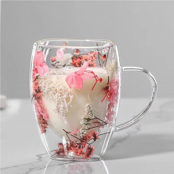 2PCS Dry Flowers Double Wall Glass Cup With Handle Heat Resistant Tea Coffee Cup PINK