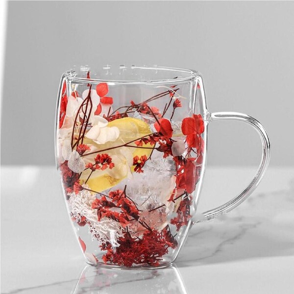 2PCS Dry Flowers Double Wall Glass Cup With Handle Heat Resistant Tea Coffee Cup RED