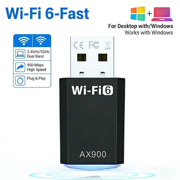 Wi-Fi 6 USB Adapter AX900, Driver Free Wireless Dongle, Dual Band 5GHz//2.4GHz WiFi Stick for Desktop PC, Laptop, Supports Windows 11/10/7 - VELORICA