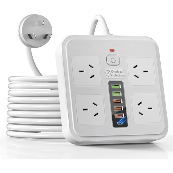 10-in-1 Power Board with Surge Protection 4 AC Outlets 6 USB Ports (1 USB-C) 2M Extension Cord 45° Right Angle Flat Plug Wall Mountable 2400W White