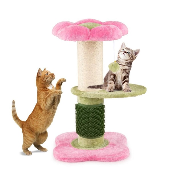 Costway 3-Tier Plush Cat Tree Scratcher Thick Sisal Scratching Post(Dia=13cm) Padded Flower Perch Indoor Pet Furniture Pink