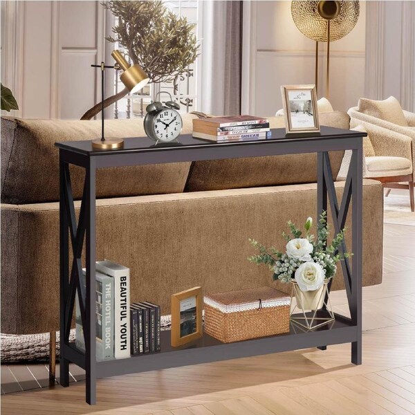Costway 2-Tier Narrow Console Table w/Open Shelf X-Shaped Brackets Space-saving Entryway Table Sofa Side Table