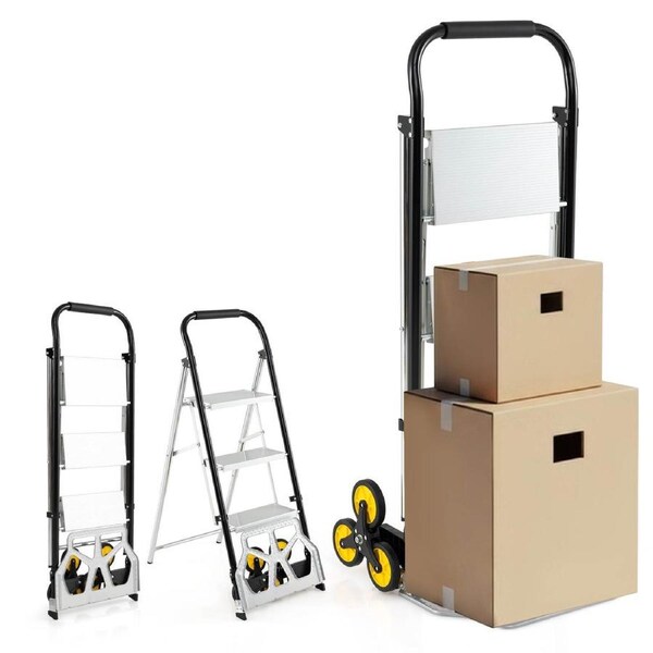 Costway 2in1 Folding Hand Truck & Ladder 250KG Aluminum Dolly Cart Portable Stool Warehouse Trolley w/Rubber Wheel