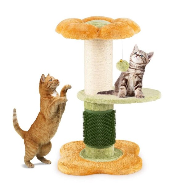 Costway Plush Cat Tree Scratcher Thick Sisal Scratching Post(Dia=13cm) Padded Flower Perch Indoor Pet Furniture Yellow