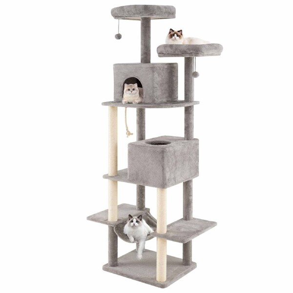 Costway 2m Cat Tree w/2 Condos 2 Soft Plush Perches Hammock Jumping Platforms Sisal Scratching Posts