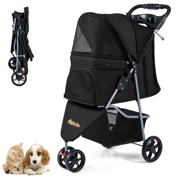 Costway Pet Stroller Pram One-click Folding Dog Cat Carrier 3 Wheel Large Travel Cart Trailer Cage Pushchair w/Basket