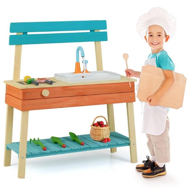 Babyjoy Wood Pretend Play Kitchen Set w/Gardening & Cooking Accessories Boys Girls Gift