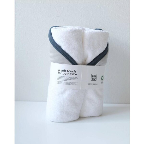 Babu Terry Hooded Baby Towel - Gray with Denim Trim