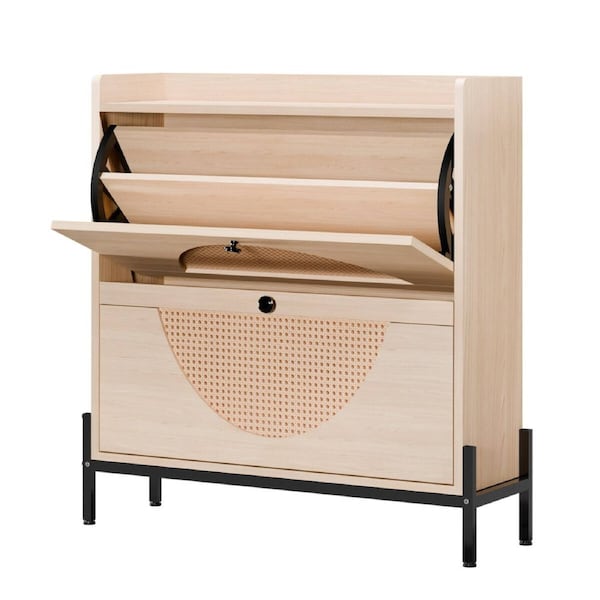 Oak Shoe Rack Cabinet Rattan Drawers Wooden Storage Cupboard Slim Narrow Footwear Organiser Shelf Metal Legs Modern Hallway Entryway Closet Furniture