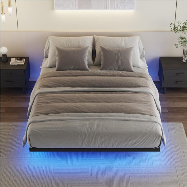 Advwin Double Bed Frame with LED Lights, Metal Platform Bed Frame Black