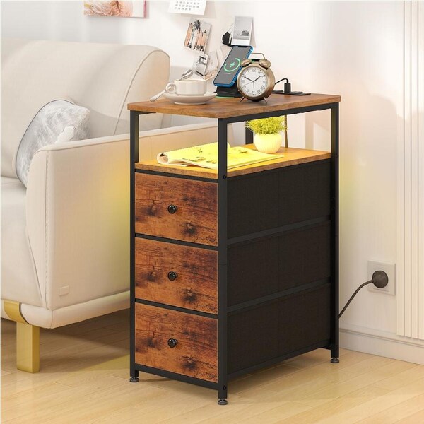 Advwin LED End Table Sofa Side Table with Charging Station and Drawers Narrow Bedside Table Walnut