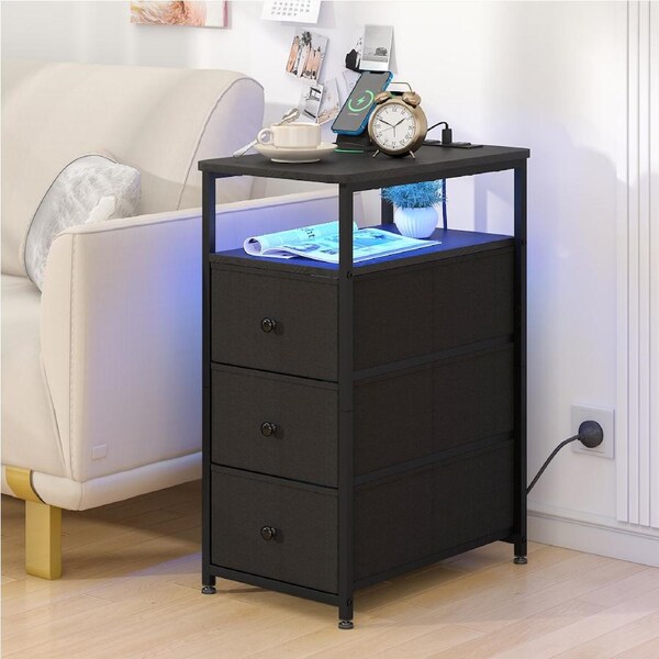 Advwin LED End Table Sofa Side Table with Charging Station and Drawers Narrow Bedside Table Black