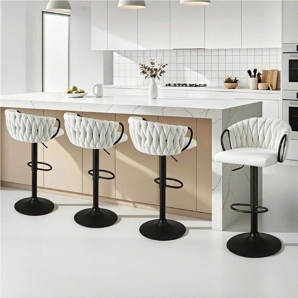 Artiss Bar Stools x4 Dining Chair Gaslift Woven Velvet Ivory