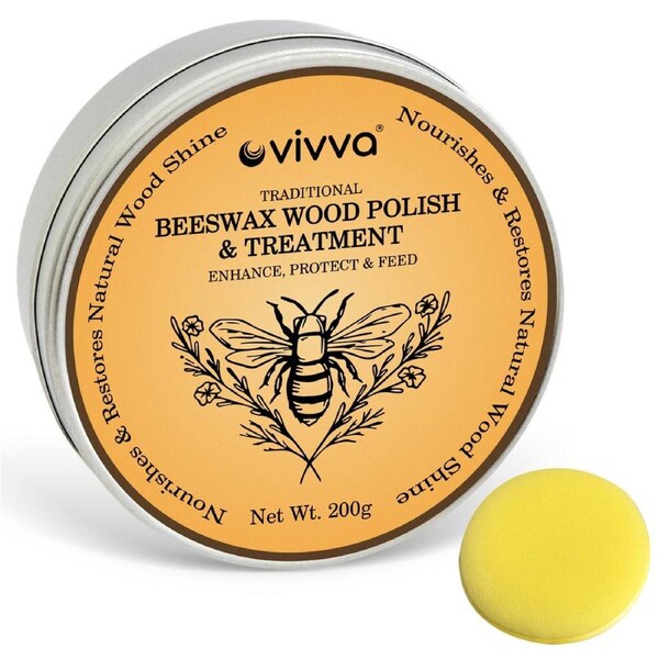 Vivva Australian Made Beeswax Wood Polish & Conditioner 200g with Sponge Food Grade Beeswax Polish Suitable for Wooden Furniture, Chopping Boards, Bamboo & Wooden Surfaces
