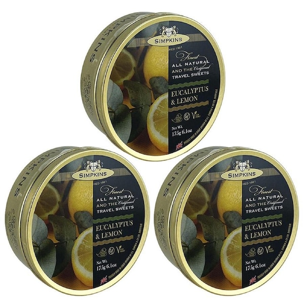 Simpkins Eucalyptus Lemon Drops 3 x 175g Tins Traditional British Travel Sweets