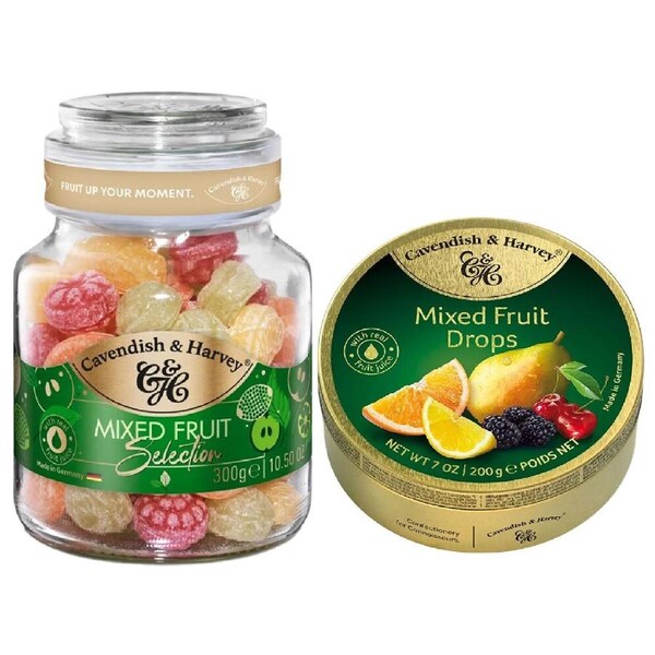 Cavendish & Harvey Fruit Candy Jar 300g and Fruit Drops 200g Tin Sweets Combo Pack