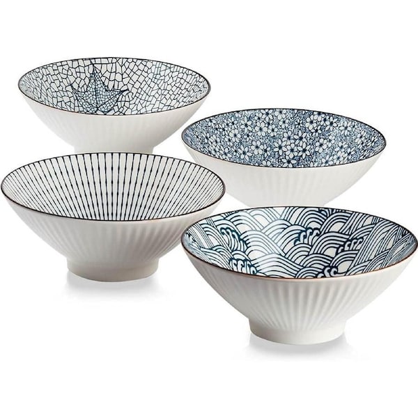 (Set of 4)Japanese Ramen Bowls, Cereal Bowls, Soup Bowls, Pho Bowls, Noodle Bowls,Ceramic Bowls Set, (38 oz ,8 inches)