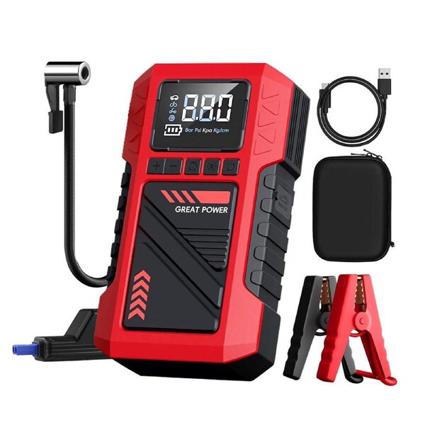 Car Jump Starter Pack 4IN1 12V Auto Tyre Inflator Battery Charger Portable Handheld Power Bank Compact Air Compressor Pump Booster Jumper LED Lights