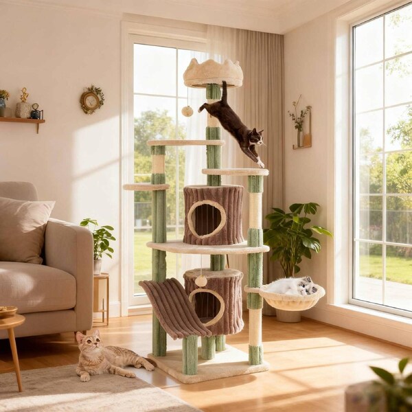 Costway 163CM Indoor Cat Tree w/2 Condos Plush Perch Basket Bed Sisal Scratcher Slide Style Platform Balls