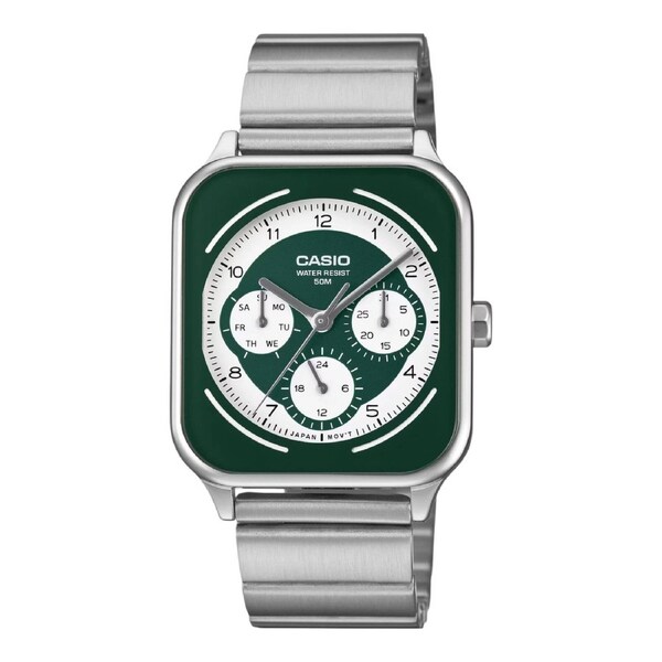 Casio MTP-M307D-3B Mens Analogue Watch Green Dial Day Date Subdials Steel Band