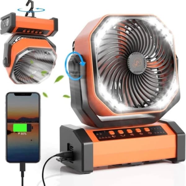 20000mAh Camping Fan with LED Light Auto-Oscillating Desk Fan with Remote & Hook