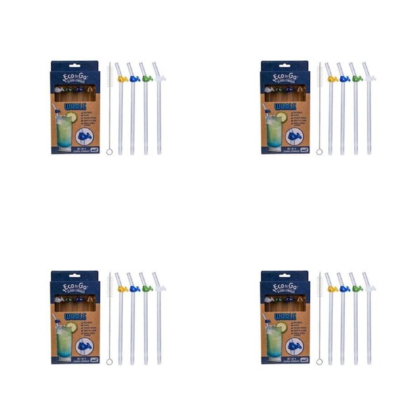 4x 4pc Eco-To-Go Glass Straw Whale Design Reusable with Cleaner Set Clear
